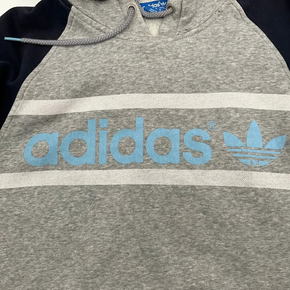 Thrashed Adidas Hoodie Gray Navy Blue Trefoil Logo Size M Sweatshirt Sporty